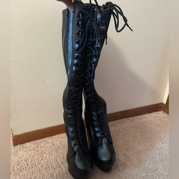 Pleaser Black Platform Heeled Boots with Lace-Up Design - Picture 2 of 6